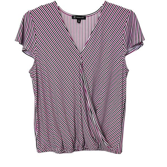 I.N.C CAP SLEEVE PULL-OVER V-NECK BLOUSE, WOMENNS,  L, PINK WHITE BLACK STRIPES - Picture 1 of 11
